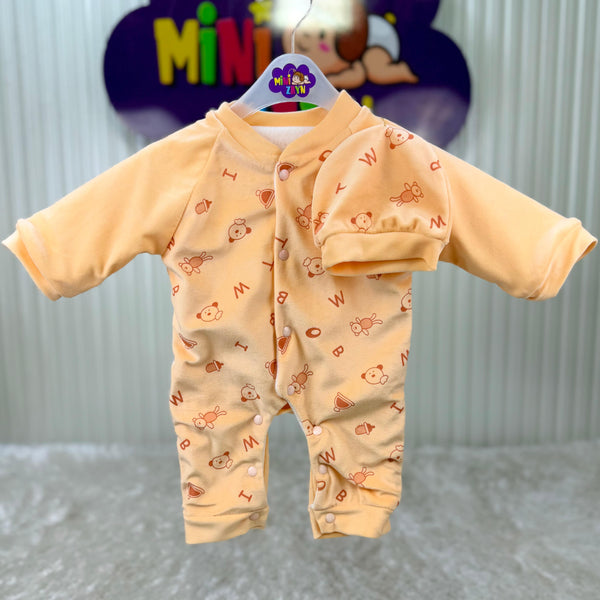 Imported inner fleece outer velvet romper with cap